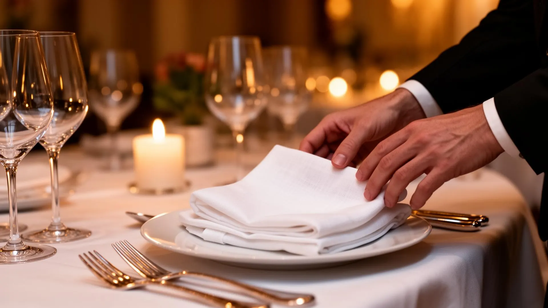 Gedeckter Tisch mit weisser Tischwäsche in einem Schweizer Restaurant, warmes Abendlicht